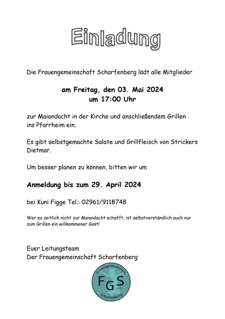 Einladung Maiandacht Scharfenberg 2024